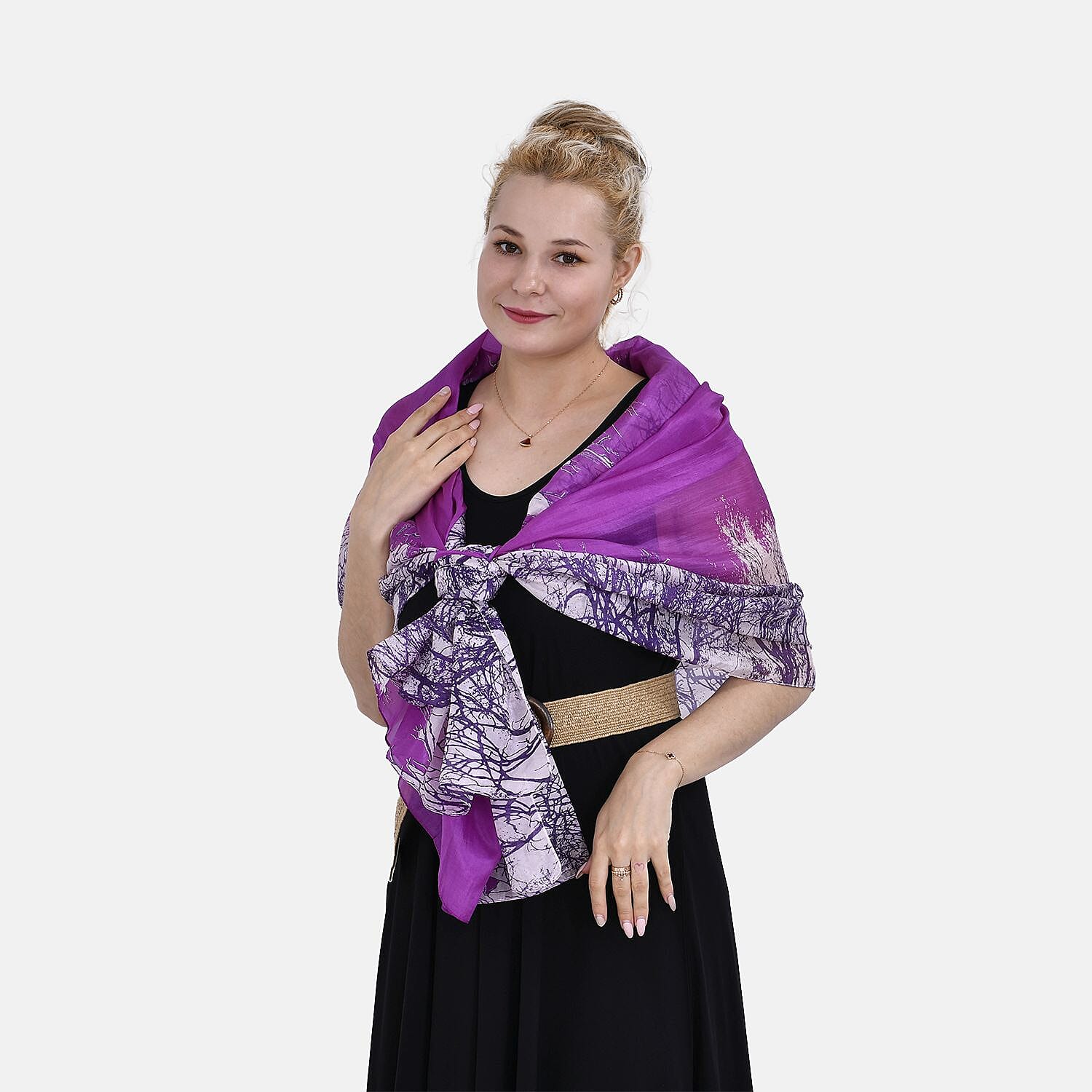 Mulberry Silk Patterned Scarf (Size 180x1 cm) - Purple & White