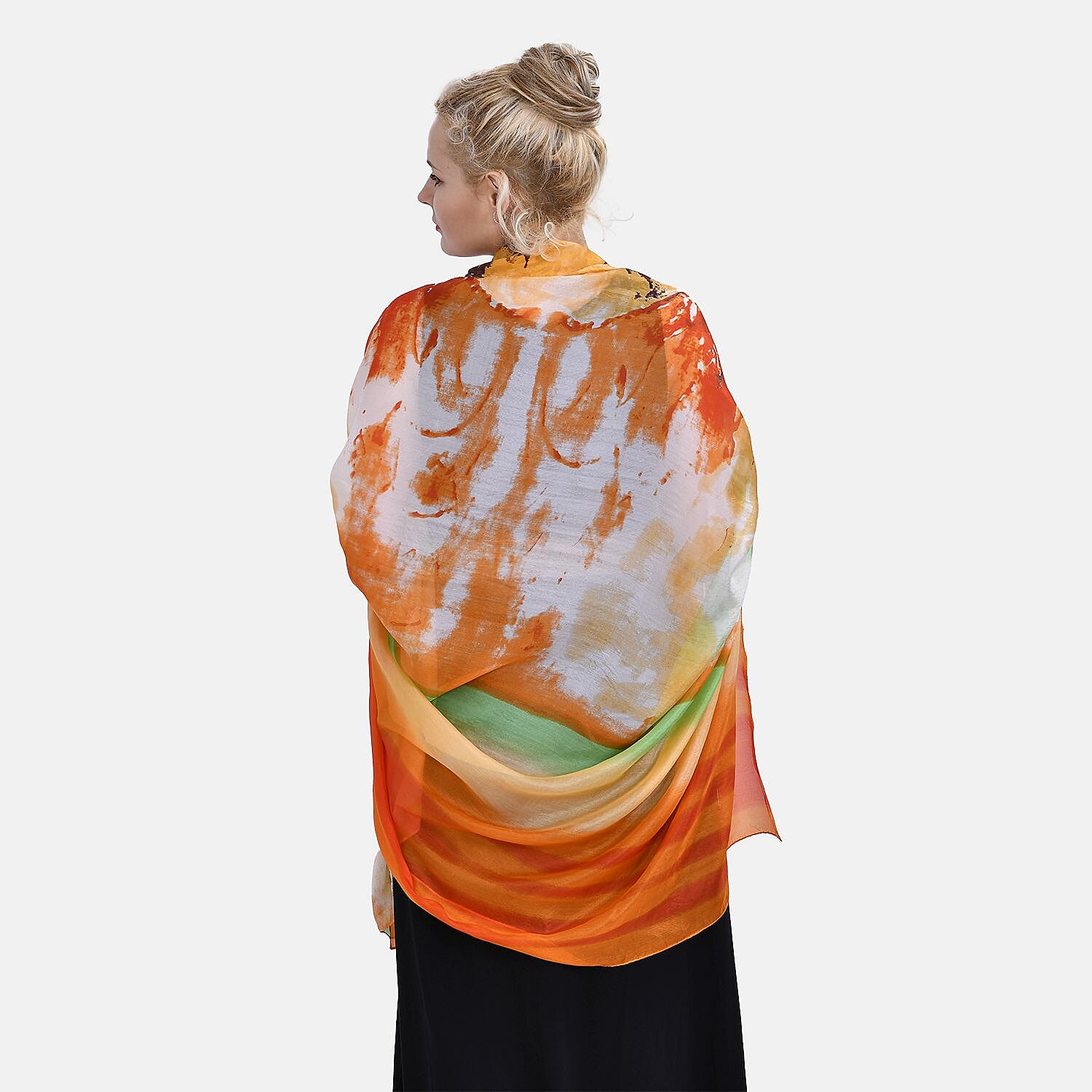 La Marey Mulberry Silk Patterned Scarf (Size 180x1 cm) - Orange & Yellow