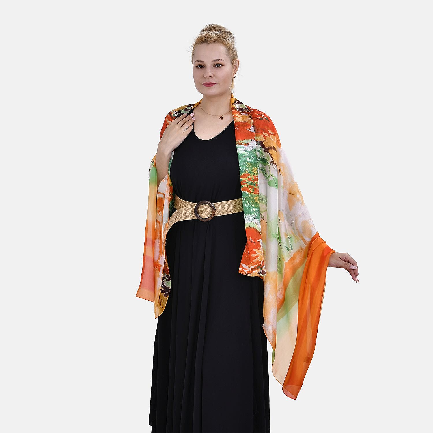 La Marey Mulberry Silk Patterned Scarf (Size 180x1 cm) - Orange & Yellow