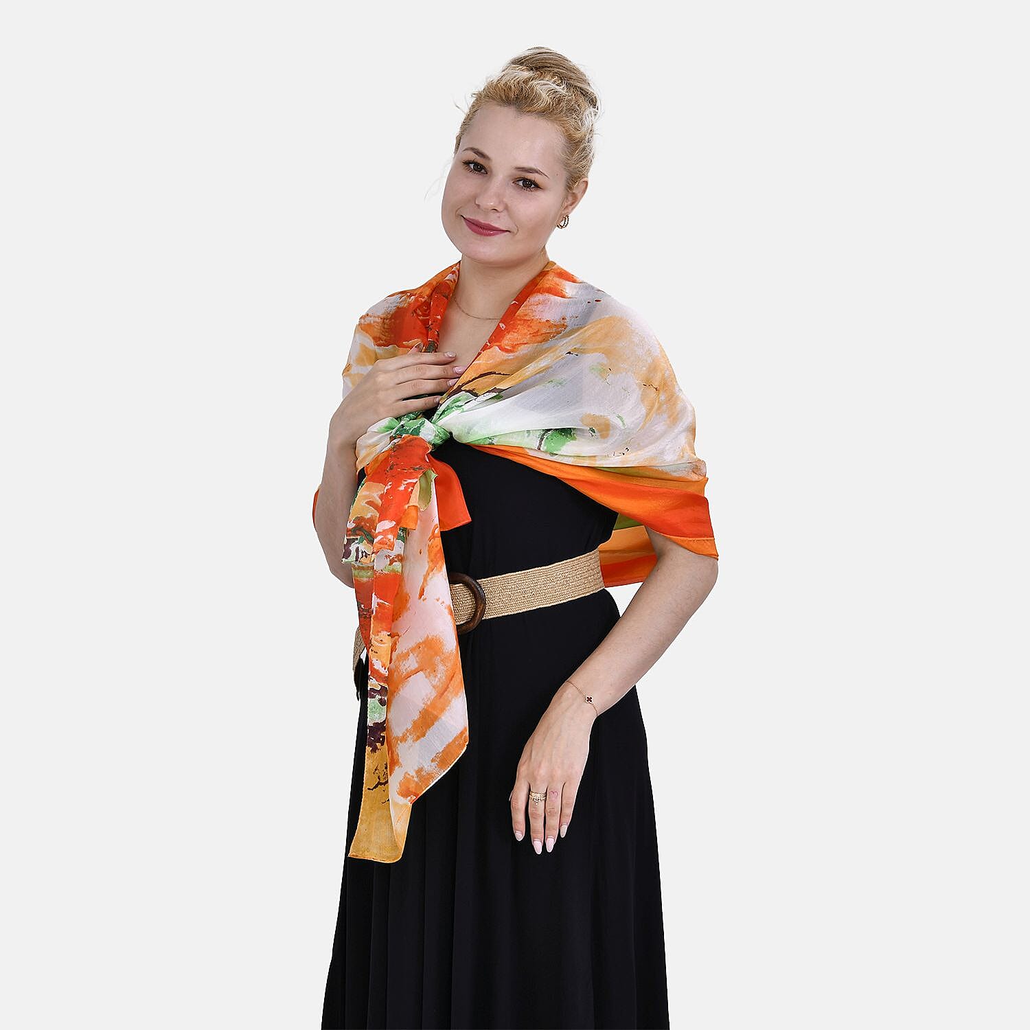 La Marey Mulberry Silk Patterned Scarf (Size 180x1 cm) - Orange & Yellow