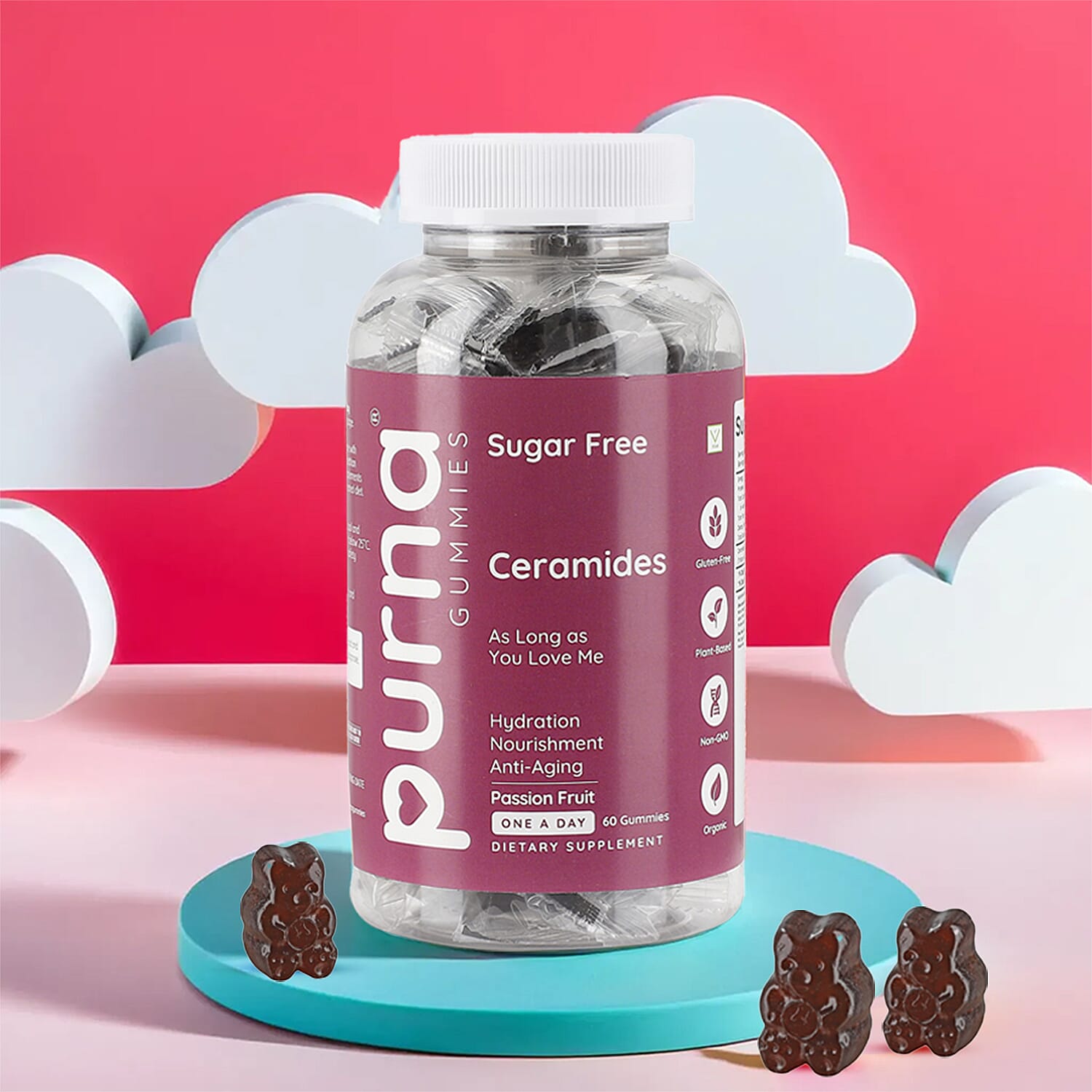 Purna - Passionfruit Flavoured Ceramides Gummies - Helps in  promoting youthful skin & Anti-aging (60 Gummies- 2 Months Supply).Best Before 30th Sep 2025