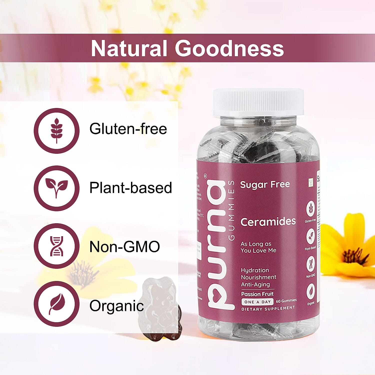 Purna - Passionfruit Flavoured Ceramides Gummies - Helps in  promoting youthful skin & Anti-aging (60 Gummies- 2 Months Supply).Best Before 30th Sep 2025
