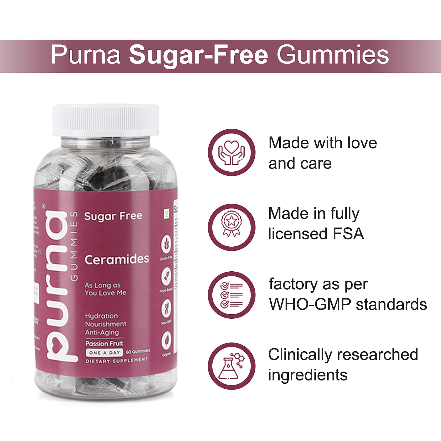 Purna - Passionfruit Flavoured Ceramides Gummies - Helps in  promoting youthful skin & Anti-aging (60 Gummies- 2 Months Supply).Best Before 30th Sep 2025