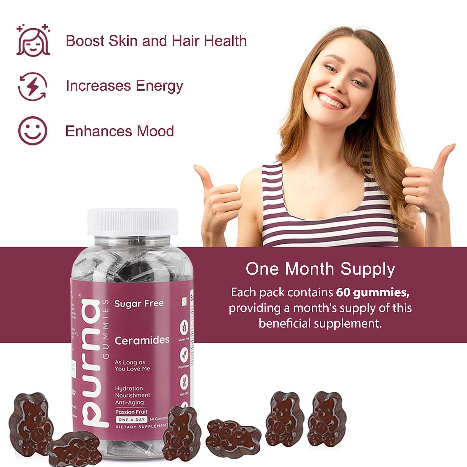 Purna - Passionfruit Flavoured Ceramides Gummies - Helps in  promoting youthful skin & Anti-aging (60 Gummies- 2 Months Supply).Best Before 30th Sep 2025