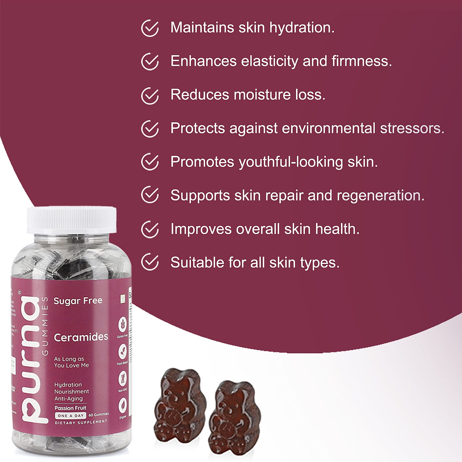 Purna - Passionfruit Flavoured Ceramides Gummies - Helps in  promoting youthful skin & Anti-aging (60 Gummies- 2 Months Supply).Best Before 30th Sep 2025