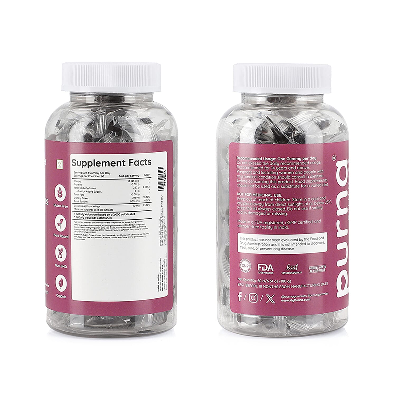 Purna - Passionfruit Flavoured Ceramides Gummies - Helps in  promoting youthful skin & Anti-aging (60 Gummies- 2 Months Supply).Best Before 30th Sep 2025