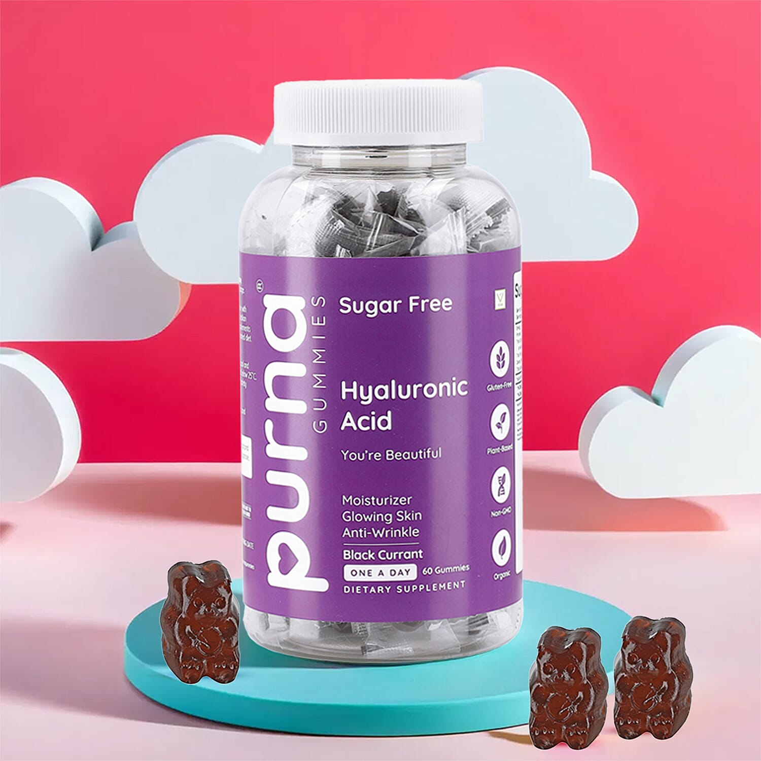 PURNA Sugar Free Blackcurrant Hyaluronic Acid - 60 Gummies (2 Month Supply)