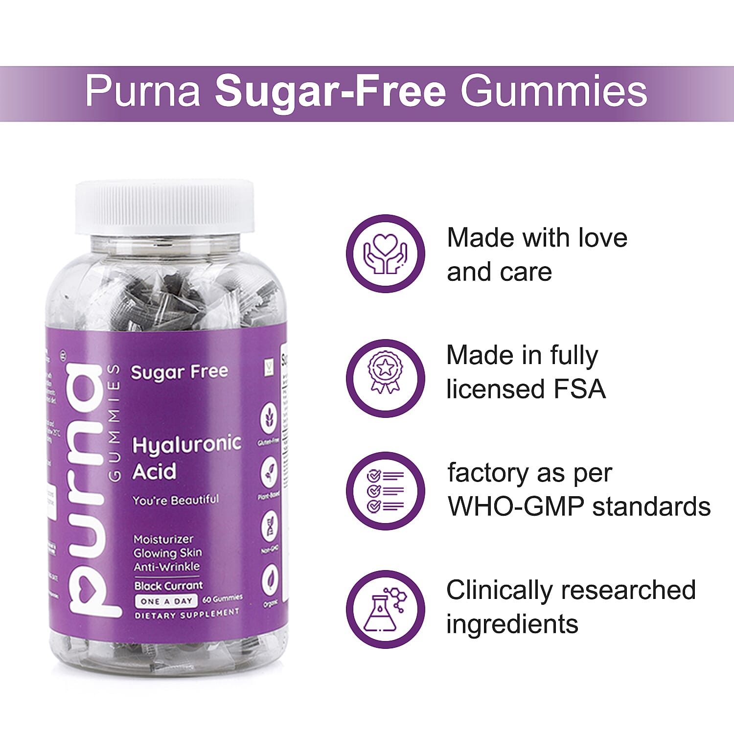 PURNA Sugar Free Blackcurrant Hyaluronic Acid - 60 Gummies (2 Month Supply)