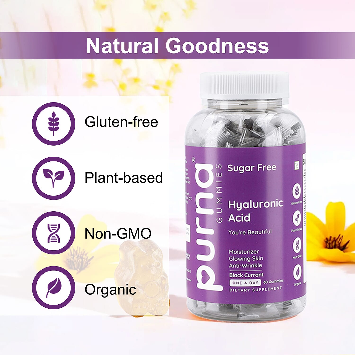 PURNA Sugar Free Blackcurrant Hyaluronic Acid - 60 Gummies (2 Month Supply)