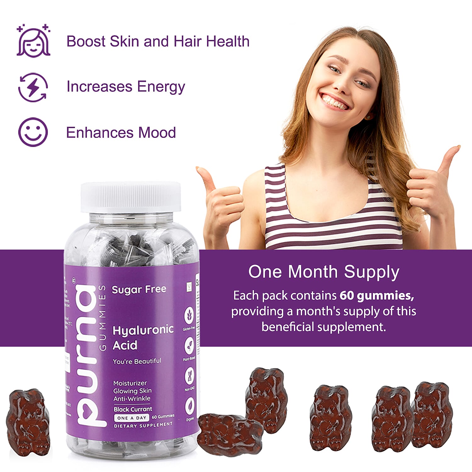 PURNA Sugar Free Blackcurrant Hyaluronic Acid - 60 Gummies (2 Month Supply)