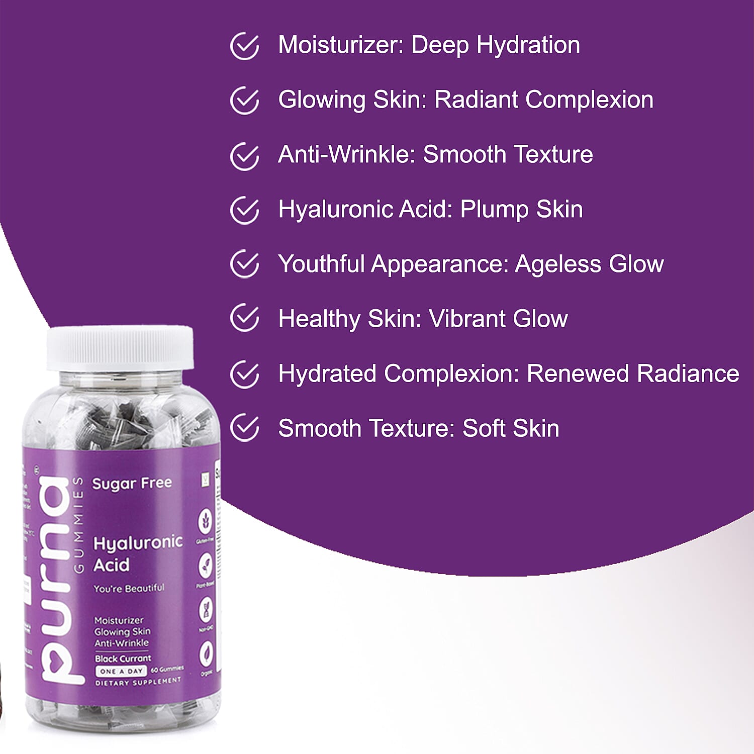 PURNA Sugar Free Blackcurrant Hyaluronic Acid - 60 Gummies (2 Month Supply)