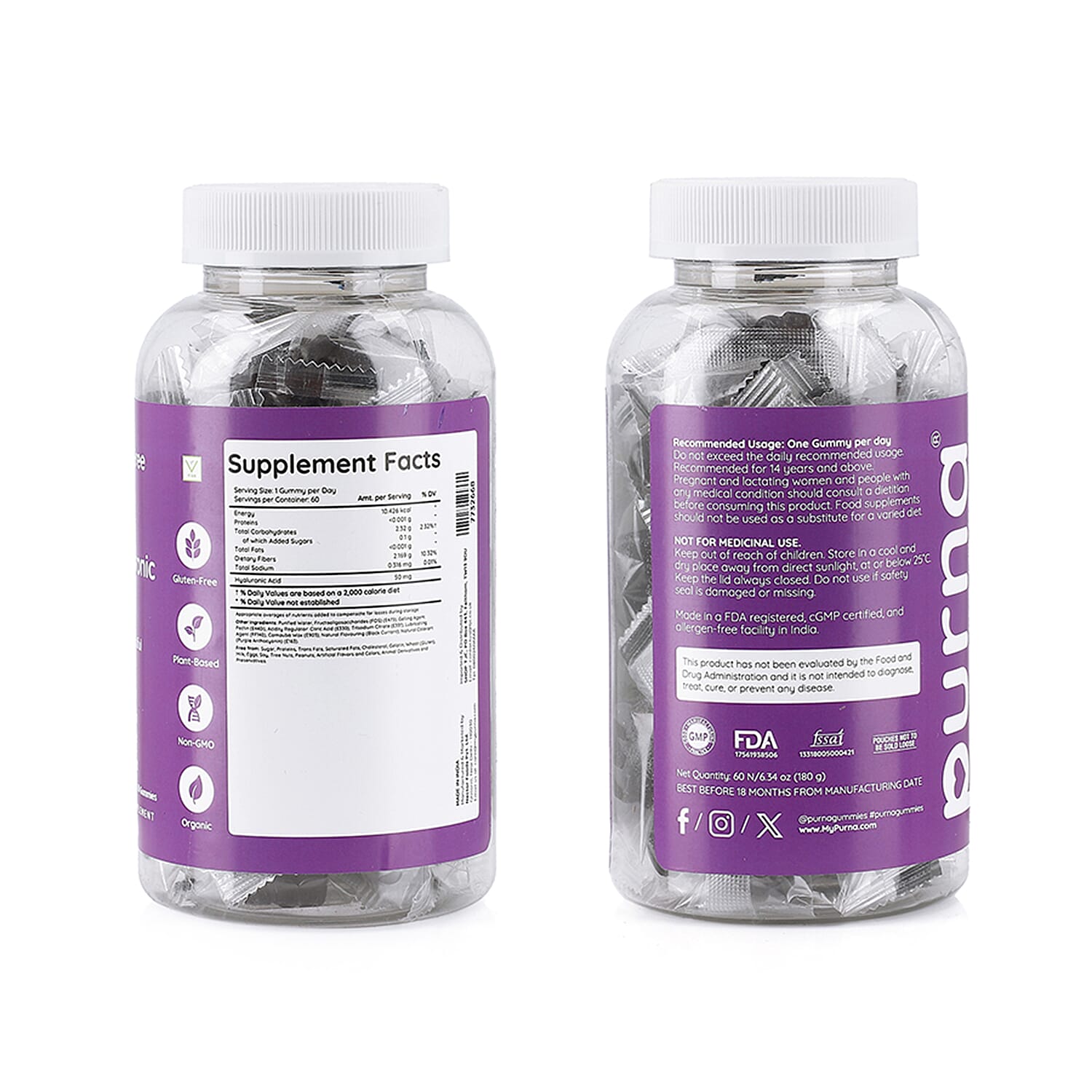 PURNA Sugar Free Blackcurrant Hyaluronic Acid - 60 Gummies (2 Month Supply)