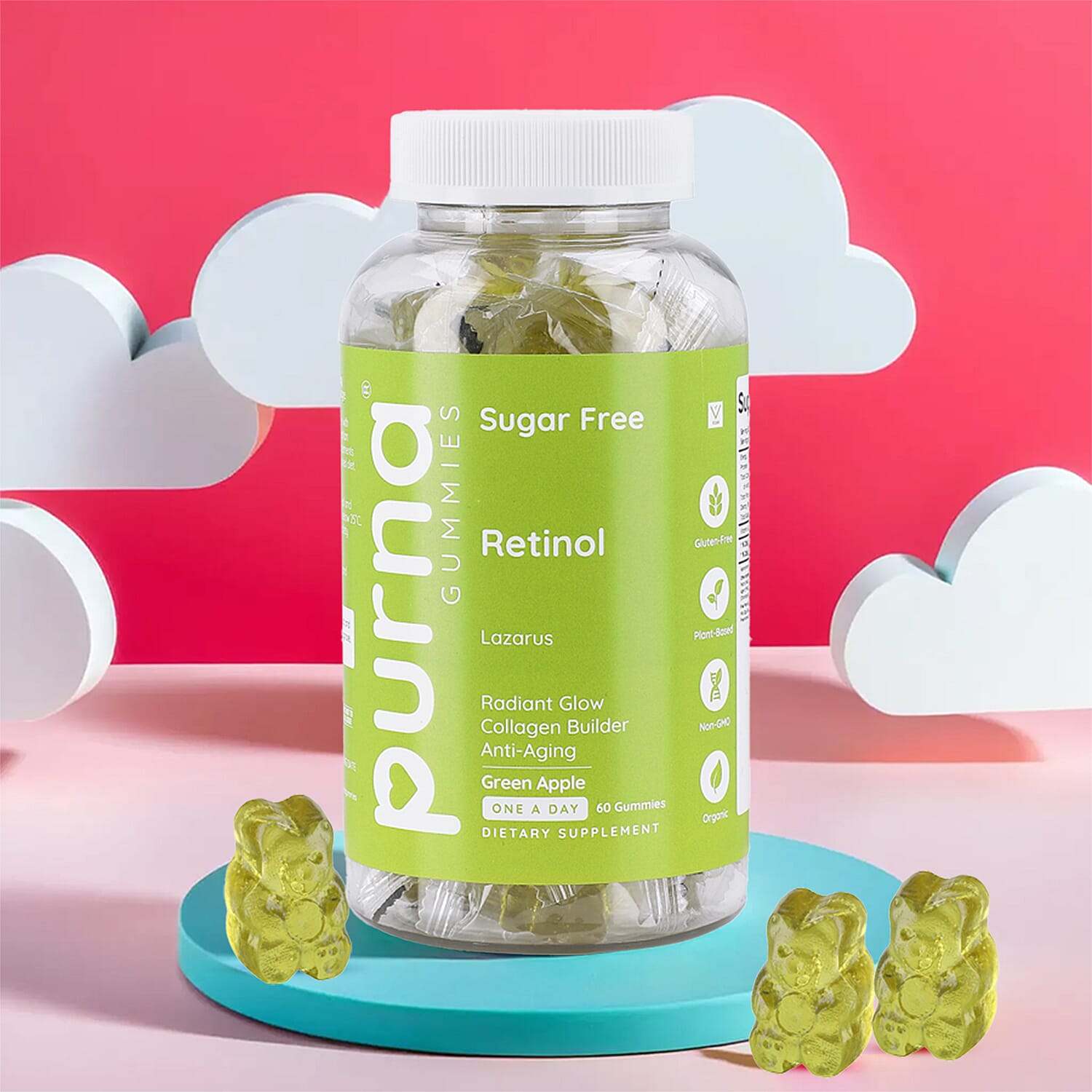 Purna Gummies - Big Pack - Retinol Sugar Free Green Apple Flavour - 60 Gummies