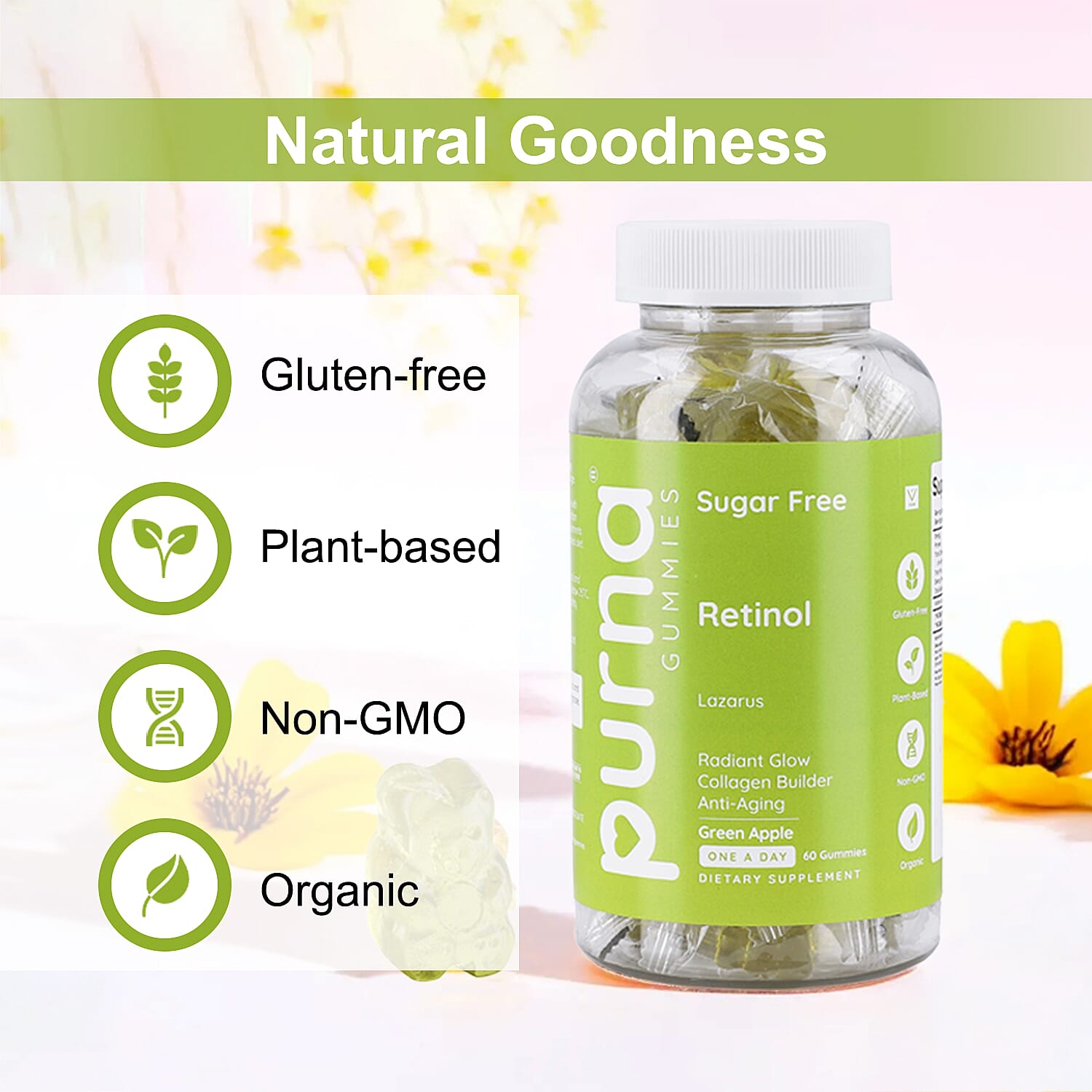 Purna Gummies - Big Pack - Retinol Sugar Free Green Apple Flavour - 60 Gummies