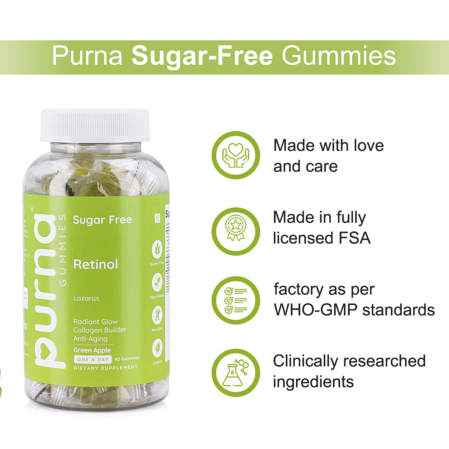 Purna Gummies - Big Pack - Retinol Sugar Free Green Apple Flavour - 60 Gummies