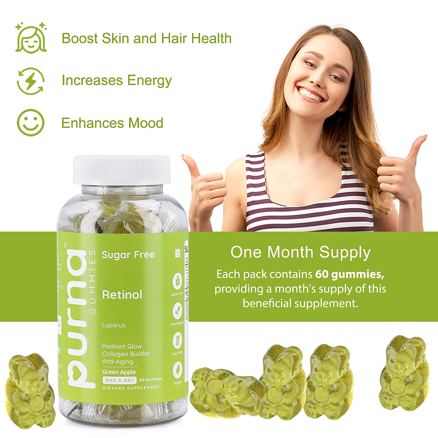 Purna Gummies - Big Pack - Retinol Sugar Free Green Apple Flavour - 60 Gummies