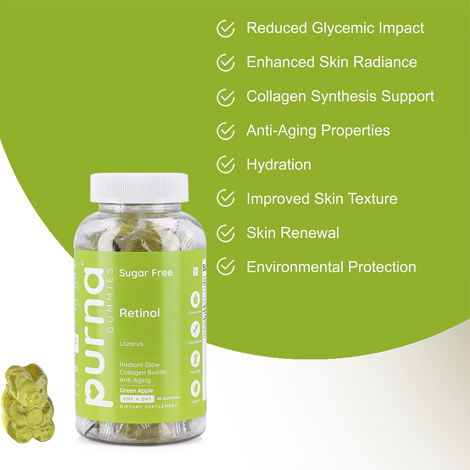 Purna Gummies - Big Pack - Retinol Sugar Free Green Apple Flavour - 60 Gummies
