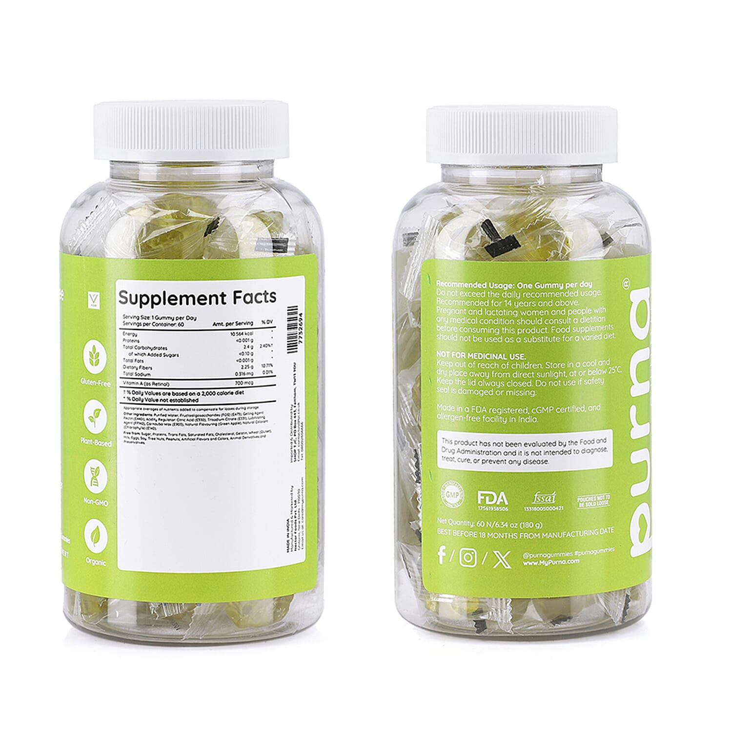 Purna Gummies - Big Pack - Retinol Sugar Free Green Apple Flavour - 60 Gummies