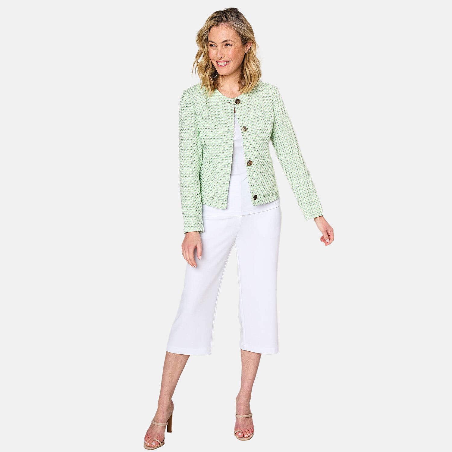 Emreco Collarless Cropped Boucle Jacket (Size 10) - Green