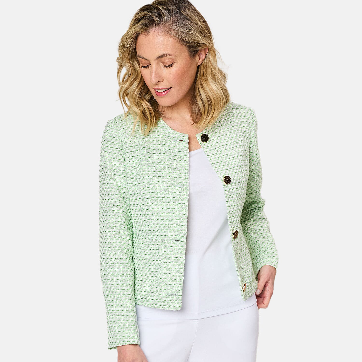 Emreco Collarless Cropped Boucle Jacket (Size 10) - Green