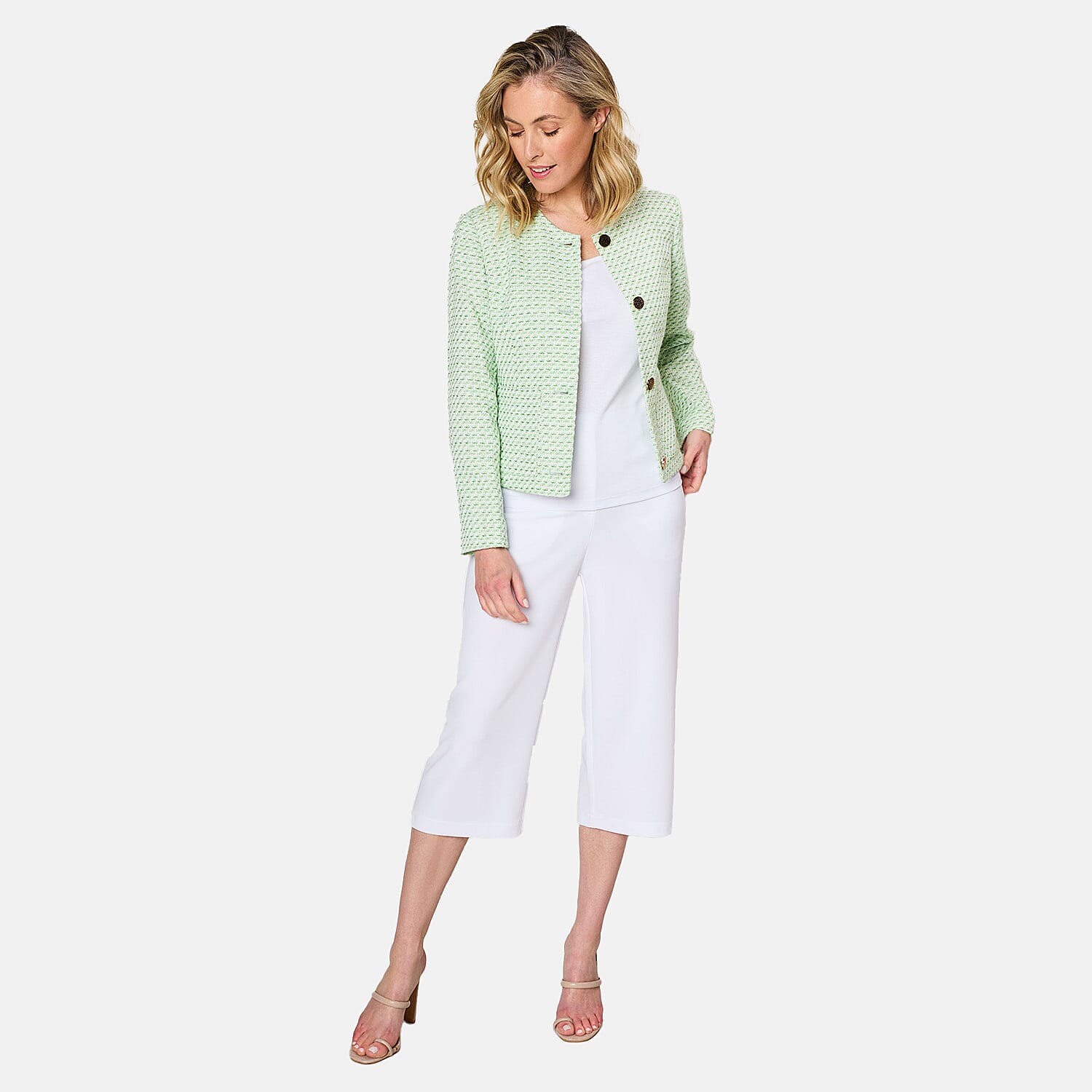 Emreco Collarless Cropped Boucle Jacket (Size 10) - Green