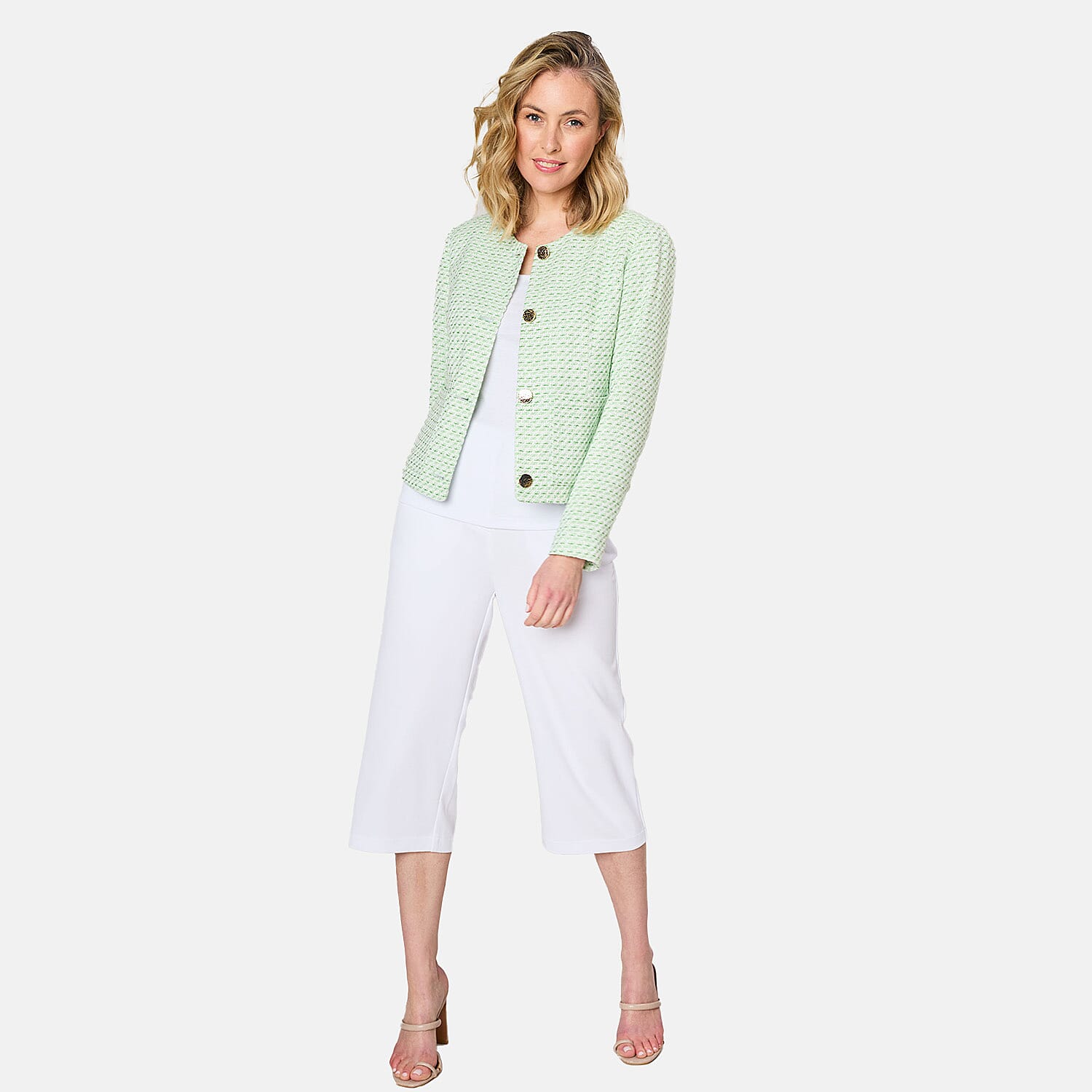 Emreco Collarless Cropped Boucle Jacket (Size 10) - Green