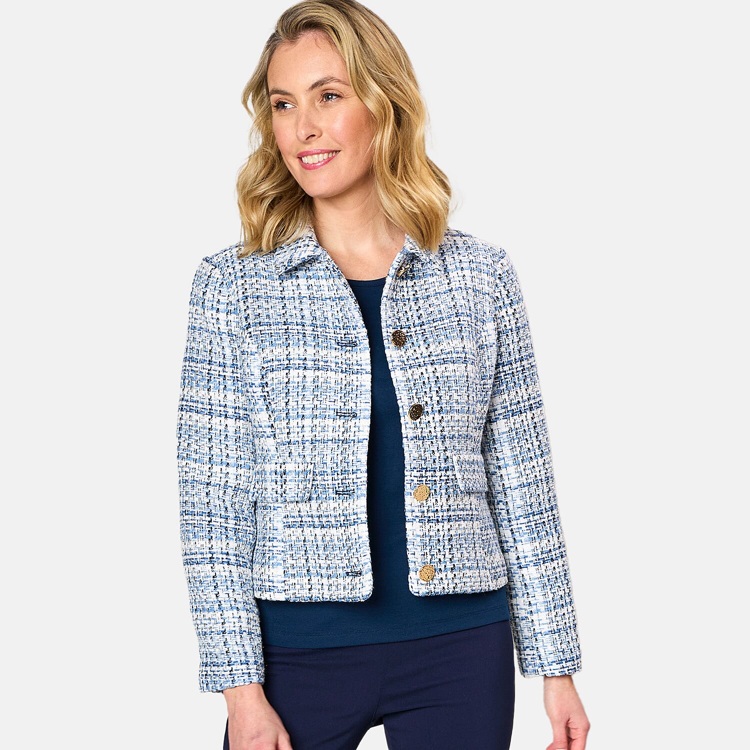 Emreco Classic Collar Cropped Boucle Jacket (Size 12) - Blue