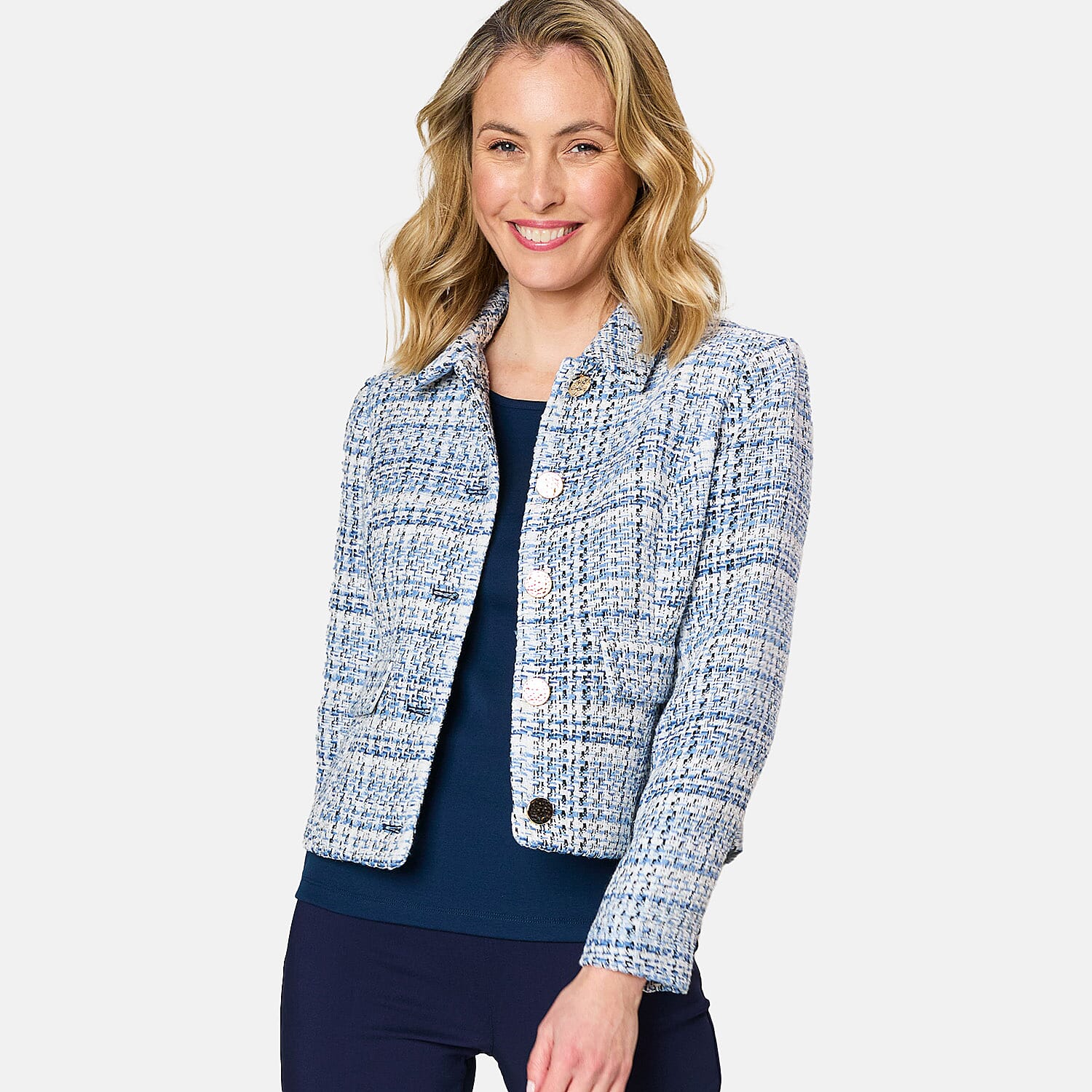 Emreco Classic Collar Cropped Boucle Jacket (Size 12) - Blue