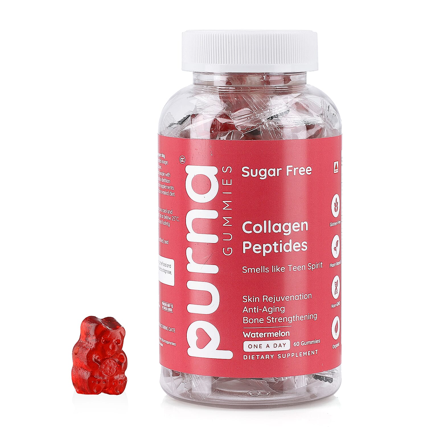 Purna Gummies - Big Pack - Collagen Peptides Sugar Free Watermelon Flavour - 60 Gummies