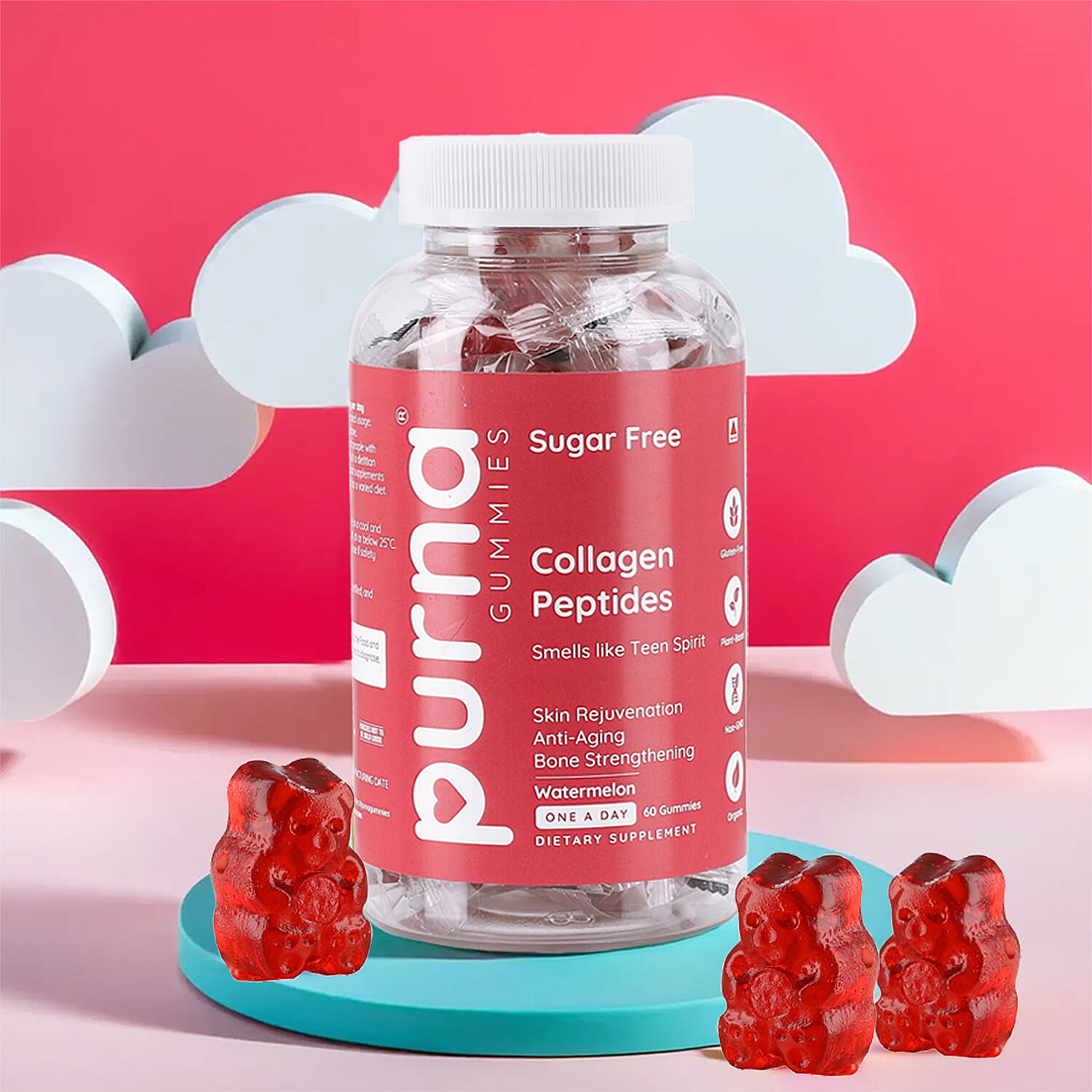 Purna Gummies - Big Pack - Collagen Peptides Sugar Free Watermelon Flavour - 60 Gummies