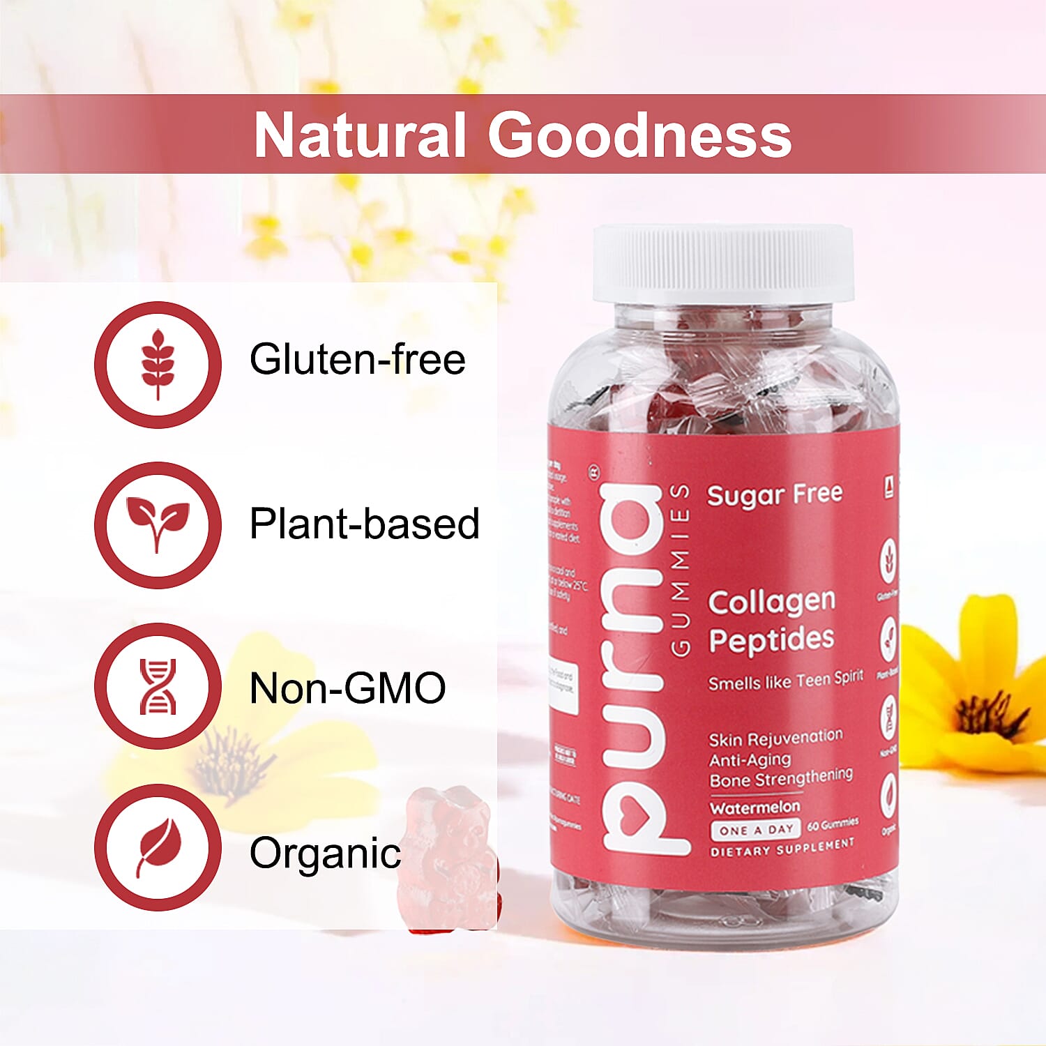 Purna Gummies - Big Pack - Collagen Peptides Sugar Free Watermelon Flavour - 60 Gummies