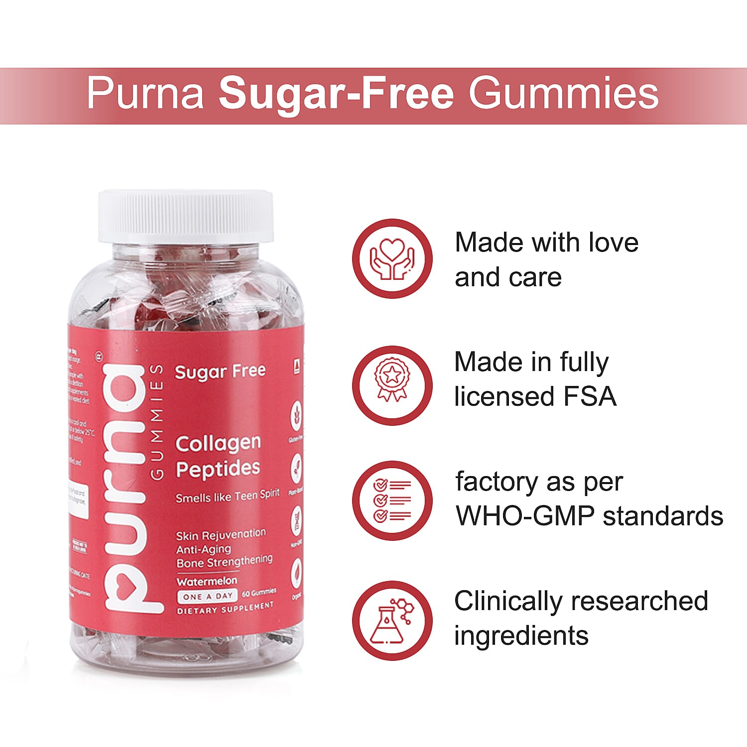 Purna Gummies - Big Pack - Collagen Peptides Sugar Free Watermelon Flavour - 60 Gummies