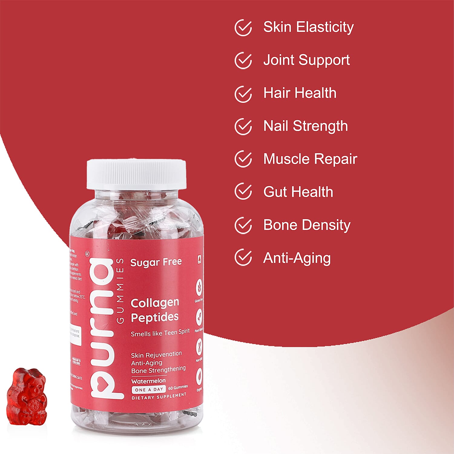 Purna Gummies - Big Pack - Collagen Peptides Sugar Free Watermelon Flavour - 60 Gummies