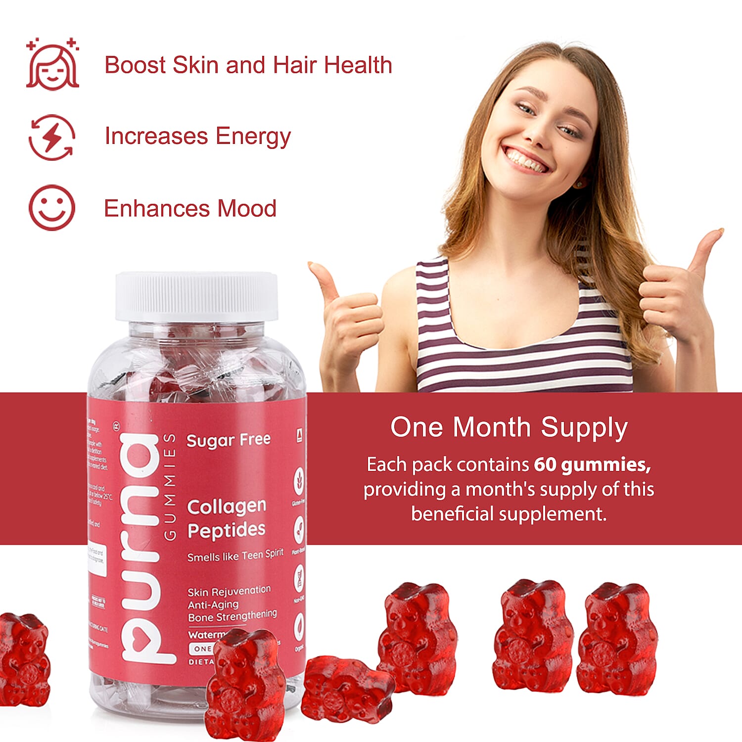 Purna Gummies - Big Pack - Collagen Peptides Sugar Free Watermelon Flavour - 60 Gummies