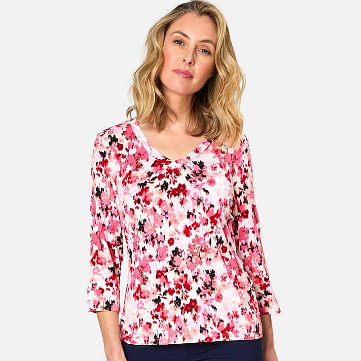 Emreco 3-4 Sleeve V Neck Floral Print Top (Size 10) - Pink & Multi