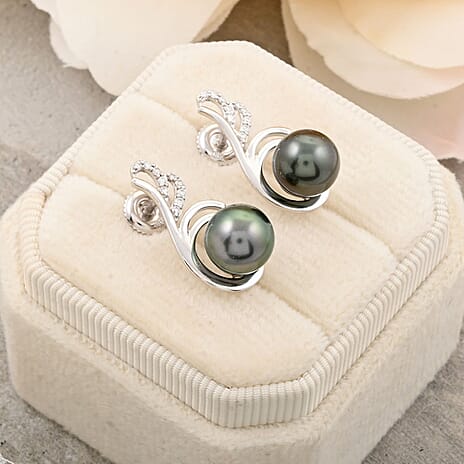 18K W Gold  AAA   Tahiti Pearl ,  White Diamond  SI Earring 8.05 pc,  Gold Wt. 3.05 Gms  8.050  Ct.