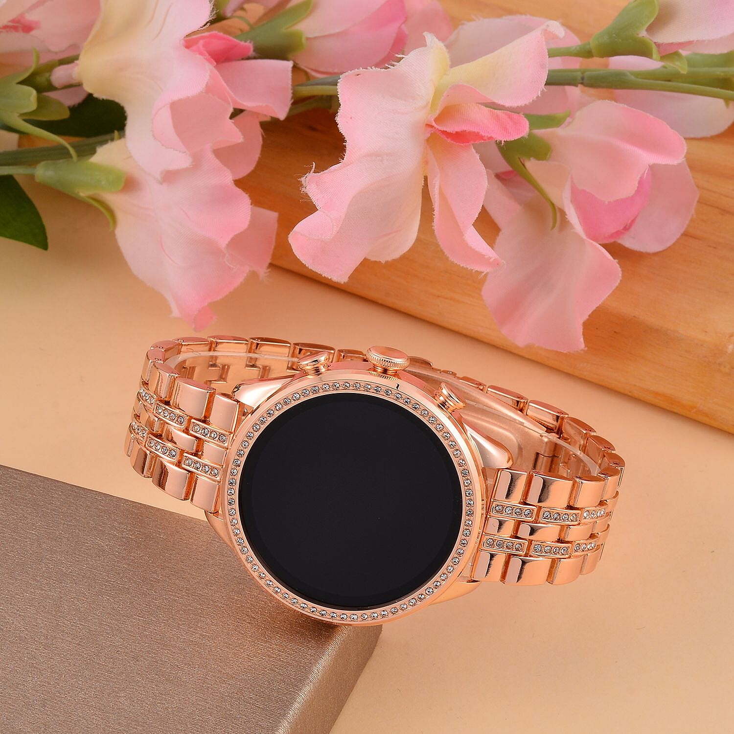 Rose Gold Dial Crystal Studded Smartwatch with Daily Fit App & 4 Piece Different Spare Straps (Compatible with Android 5, Apple iOS 9 or Above)