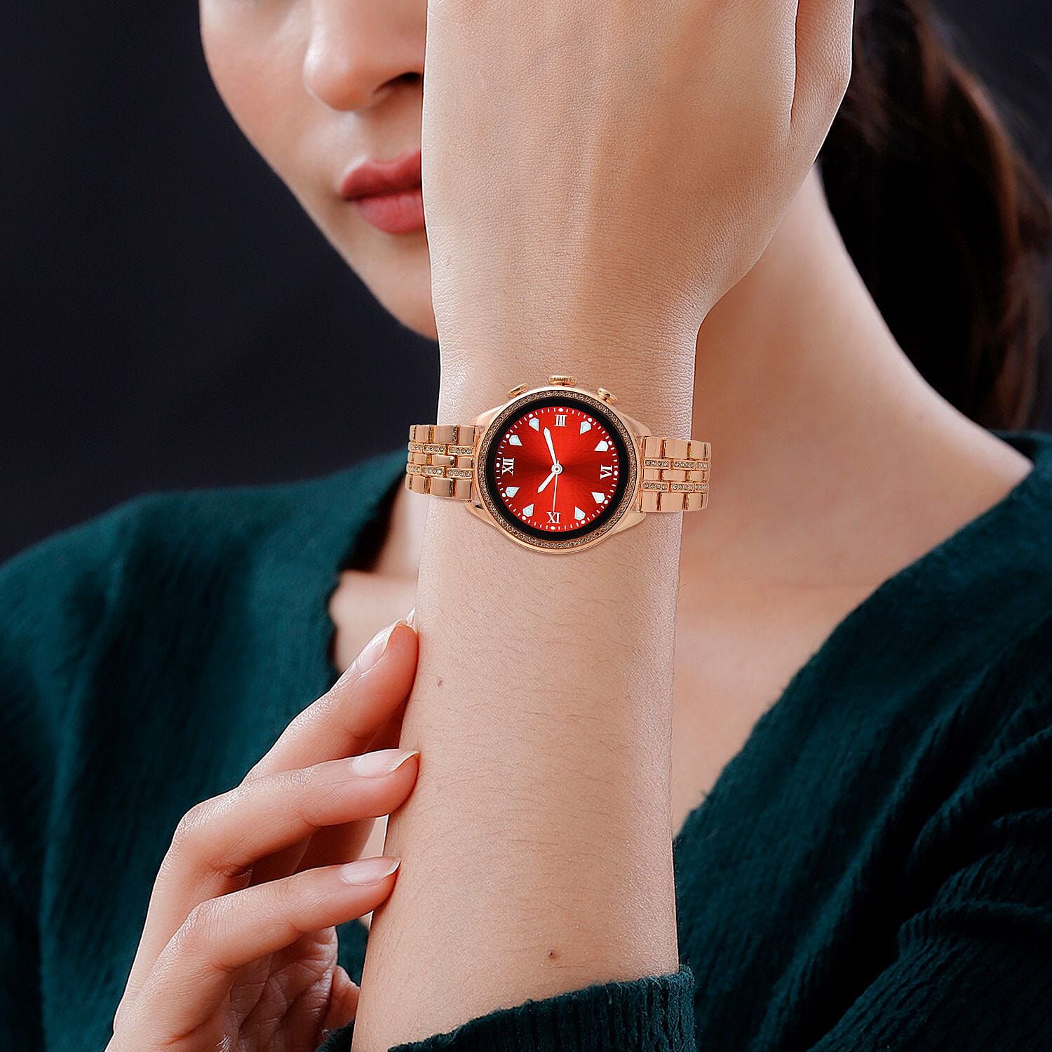 LIQUIDATION DEAL- Rose Gold Dial Crystal Studded Smartwatch with Daily Fit App & 4 Piece Different Spare Straps (Compatible with Android 5, Apple iOS 9 or Above)