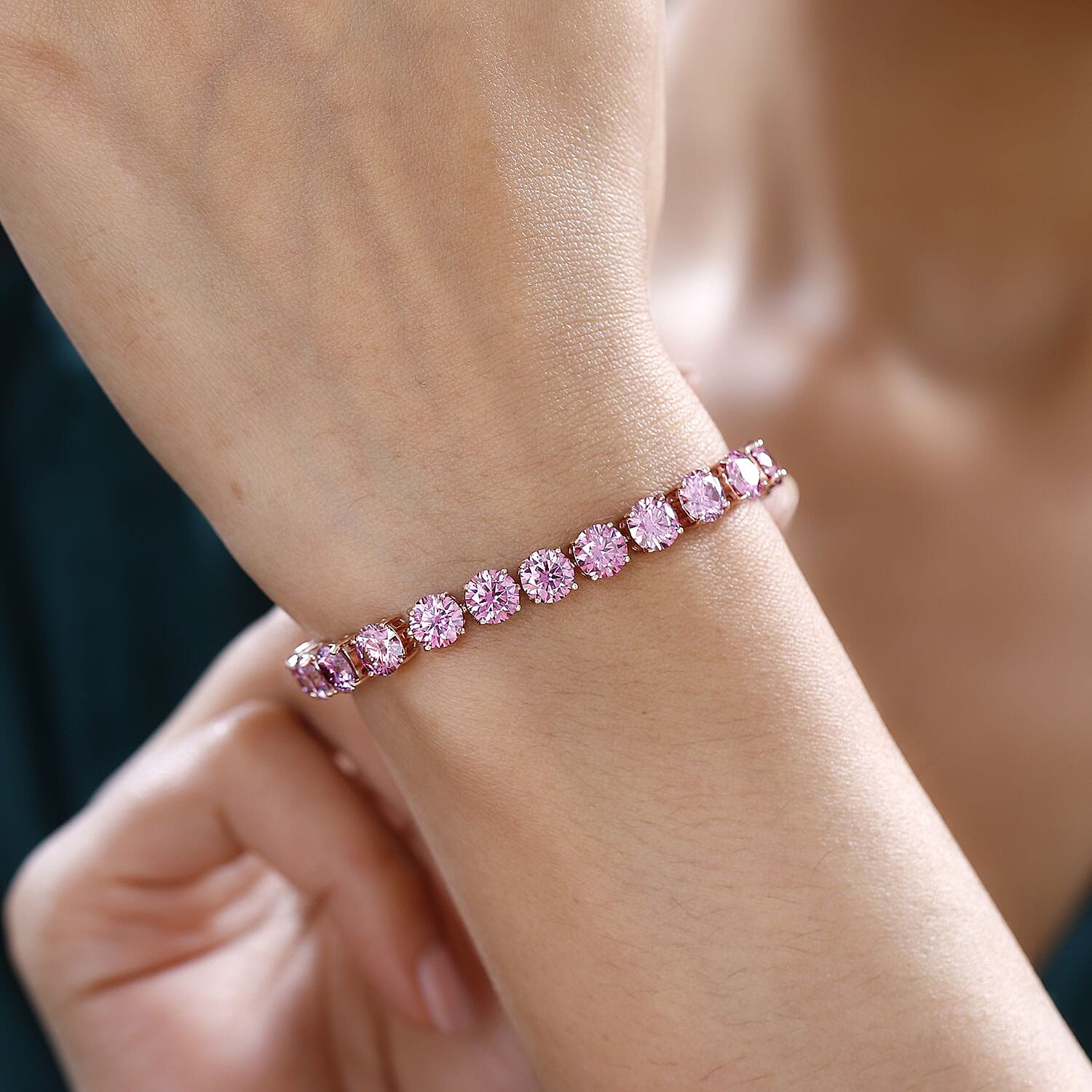 Pink Moissanite Tennis Bracelet (Size - 7) in 18K Vermeil Rose Gold Plated Sterling Silver 20.30 Ct, Silver Wt 11.20 Gms.