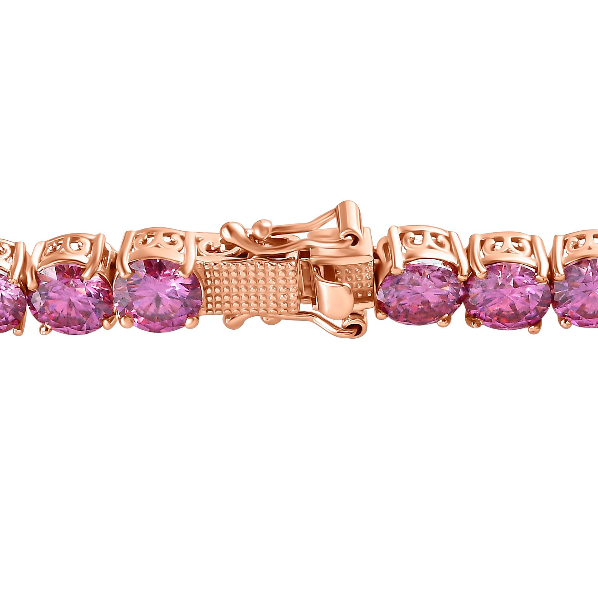 Pink Moissanite Tennis Bracelet (Size - 7) in 18K Vermeil Rose Gold Plated Sterling Silver 20.30 Ct, Silver Wt 11.20 Gms.