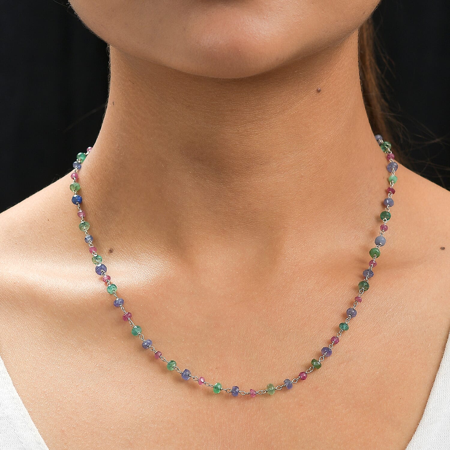Ruby, Emerald & Tanzanite  Beads Necklace (Size - 20) in Rhodium Overlay Sterling Silver 25.00 Ct.