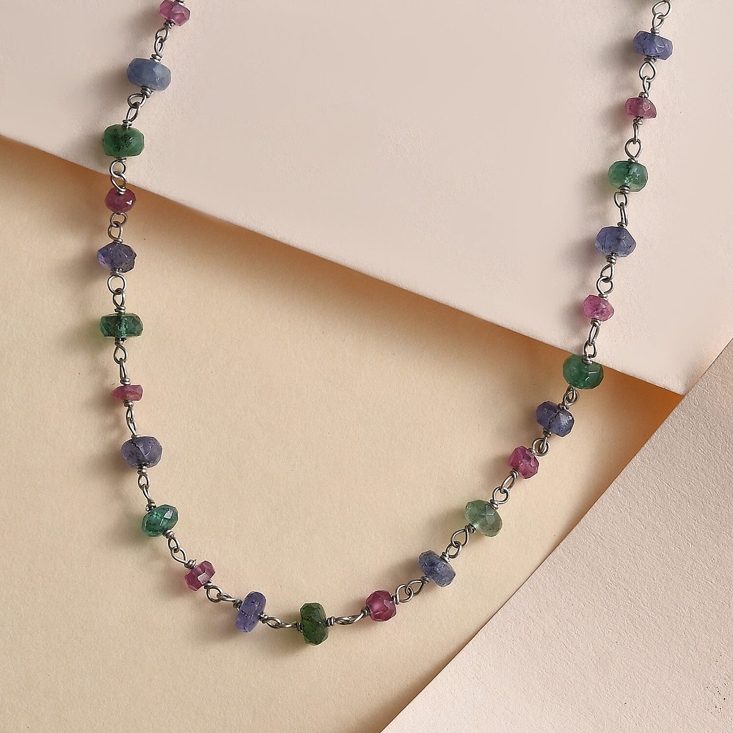 Ruby, Emerald & Tanzanite  Beads Necklace (Size - 20) in Rhodium Overlay Sterling Silver 25.00 Ct.