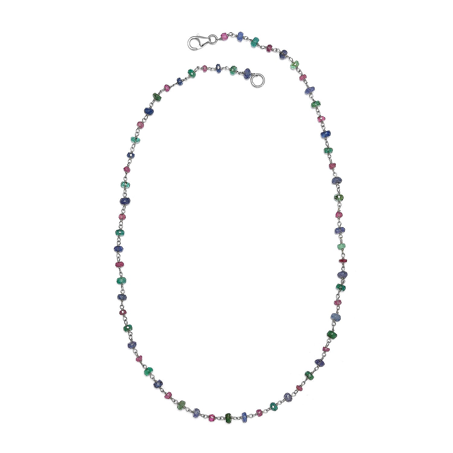Ruby, Emerald & Tanzanite  Beads Necklace (Size - 20) in Rhodium Overlay Sterling Silver 25.00 Ct.