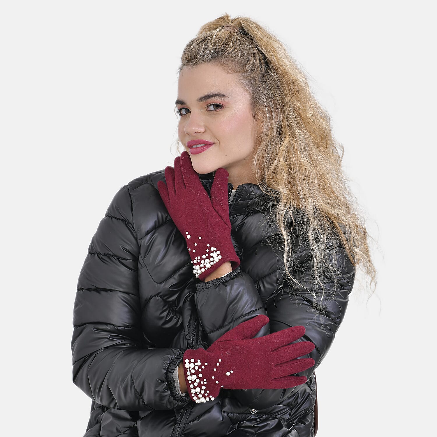 Winter Must-Have - Cashmere Touch Screen Beaded Gloves - Burgundy