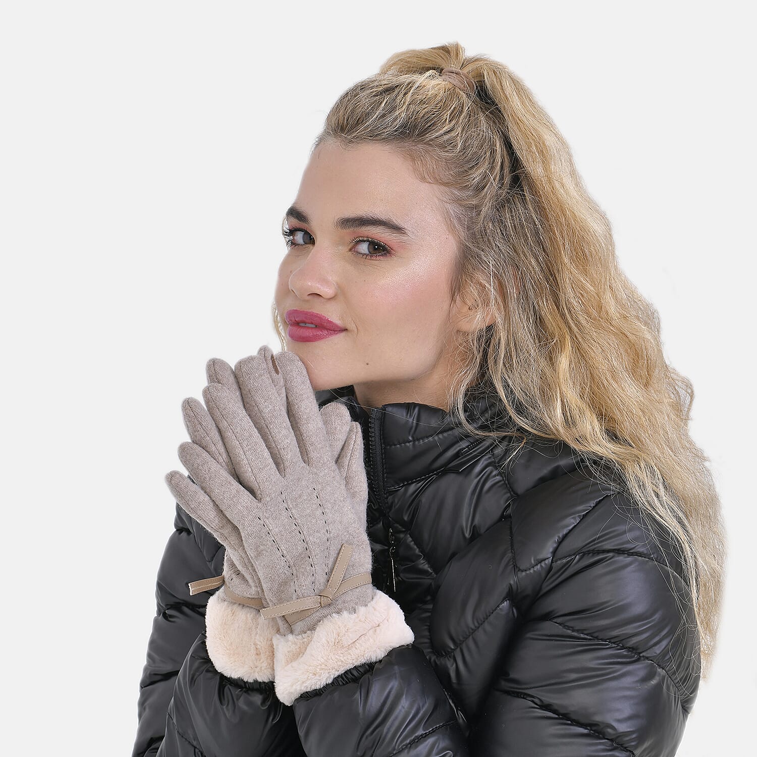 Luxurious 70% Cashmere Gloves with Faux Fur Trim- Khaki