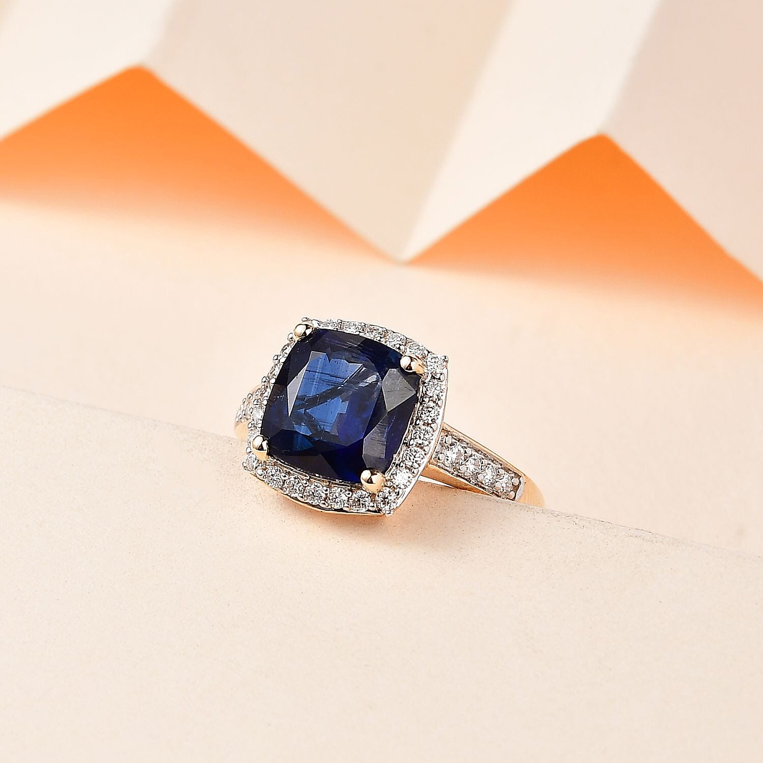 9K Yellow Gold AAA Neelratna Kyanite & Moissanite Halo Ring 4.68 Ct