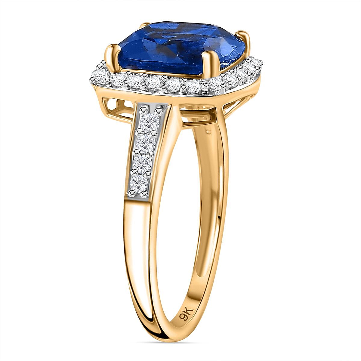 9K Yellow Gold AAA Neelratna Kyanite & Moissanite Halo Ring 4.68 Ct