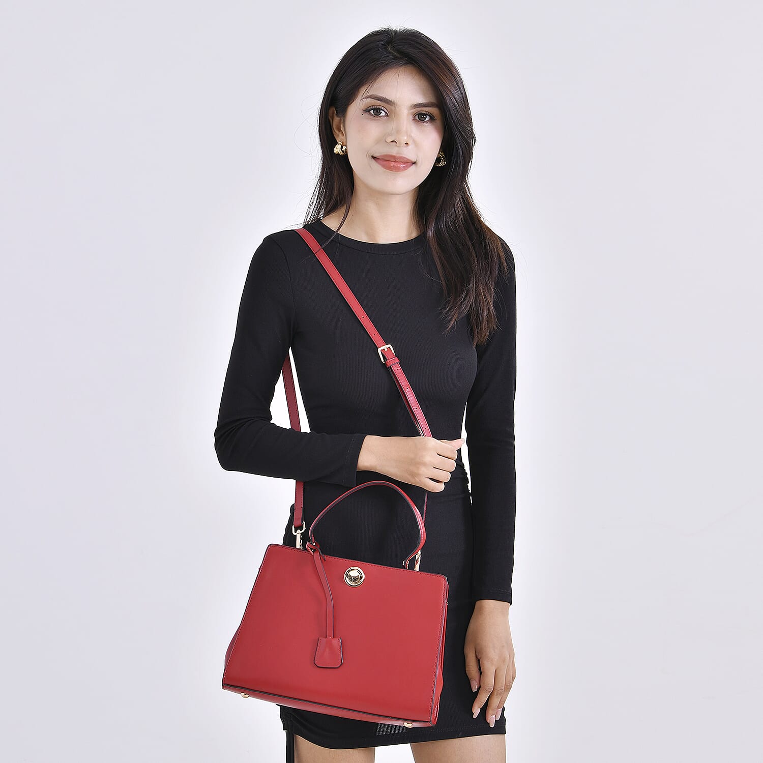 Genuine Leather Solid Crossbody Bag with Handle Drop - Red