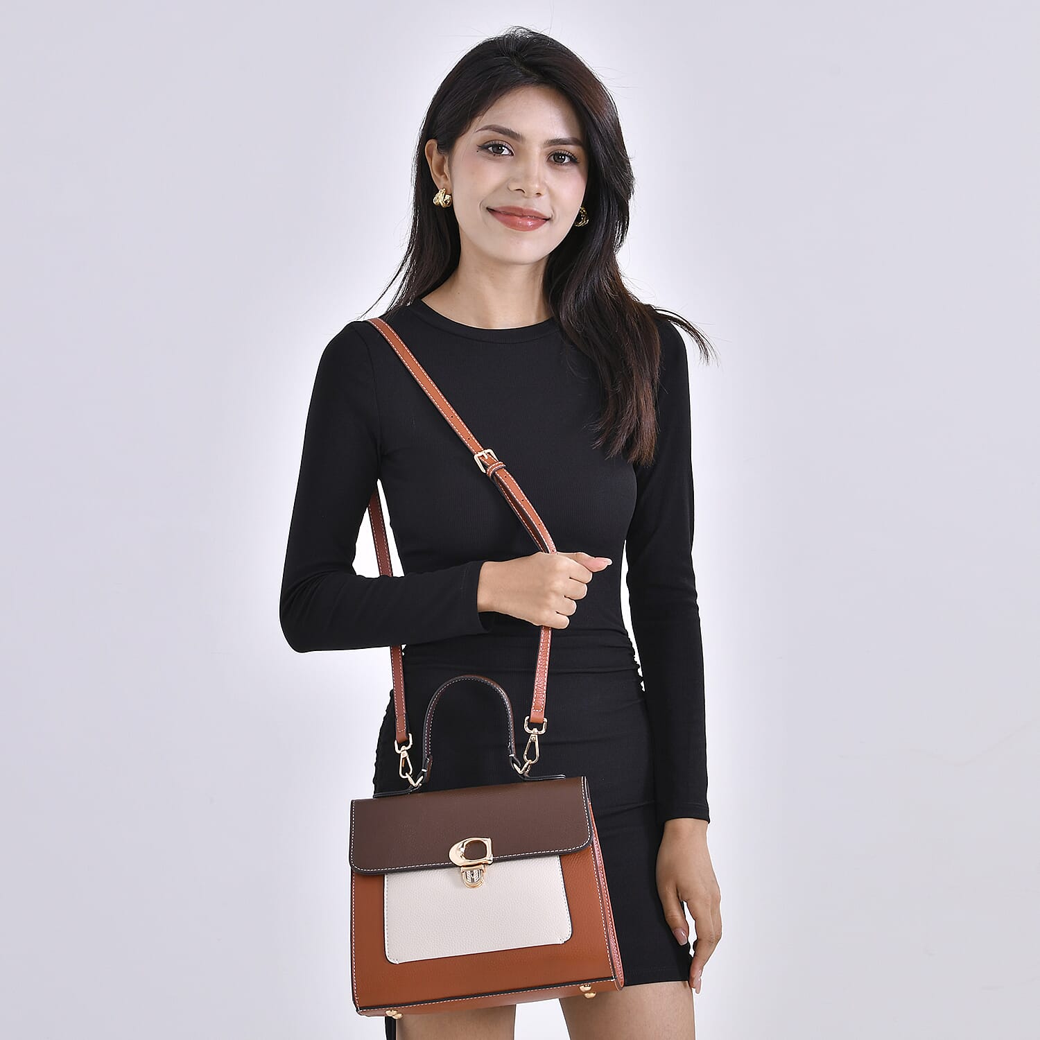 Designer Inspired - Genuine Leather Crossbody Bag with Handle Drop - Tan