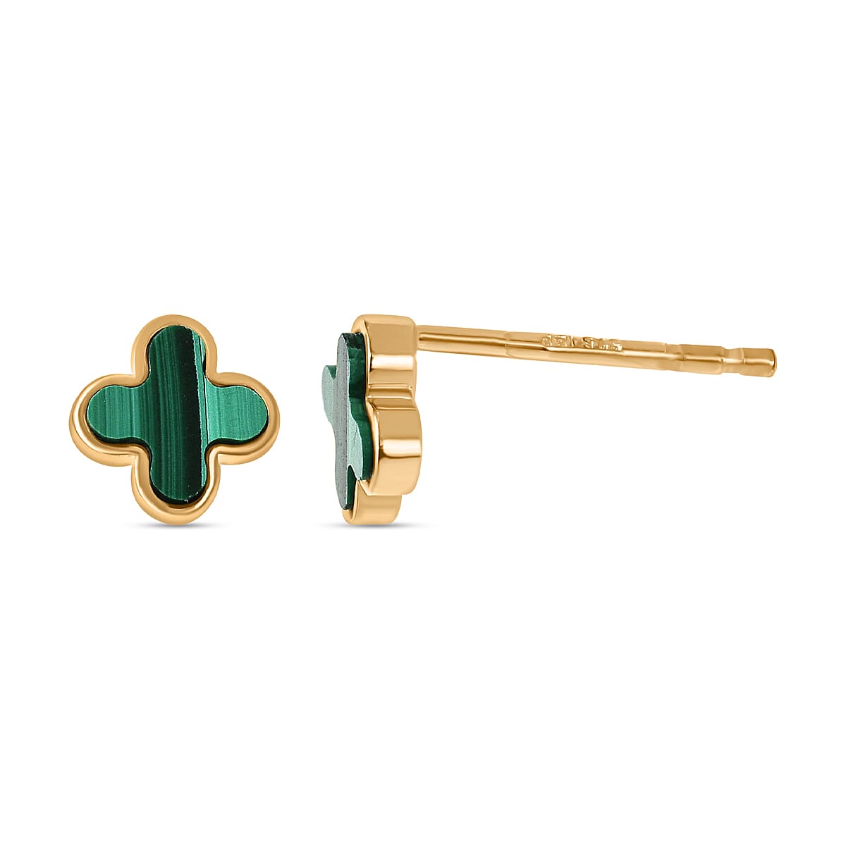 Designer Inspired - 9K Yellow Gold Malachite Clover Stud Earrings